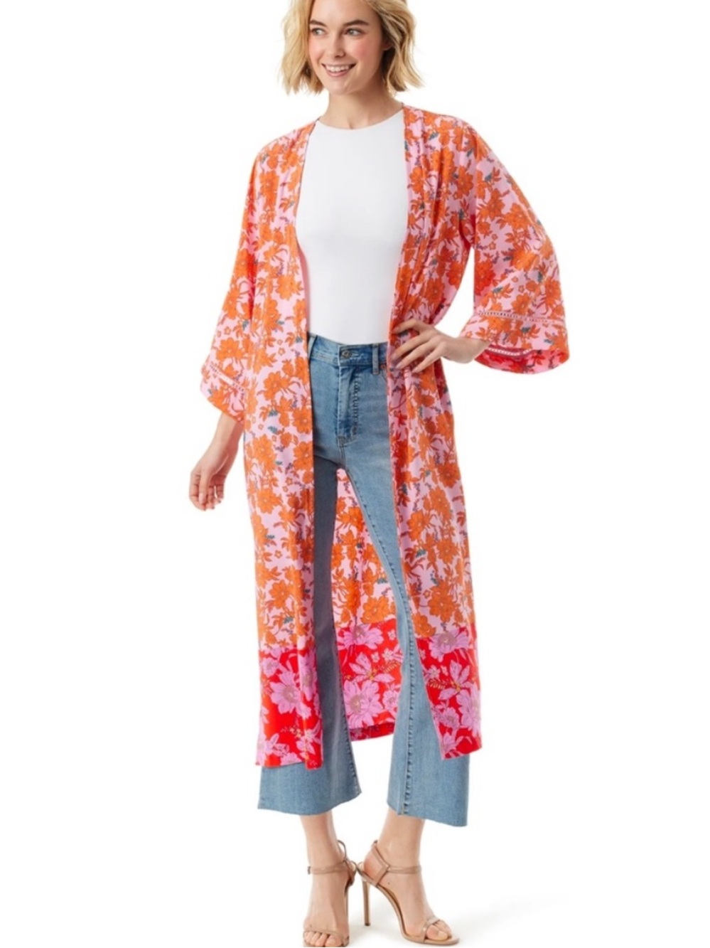 ⚜️ Jessica Simpson Women's Floral Boho Pink and Orange Kimono-S/M
